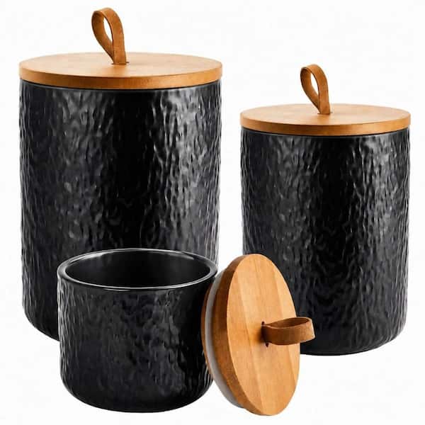 3-Piece Black Ceramic Decorative Canister Set with Bamboo Lids, Top Handles and Airtight Seals