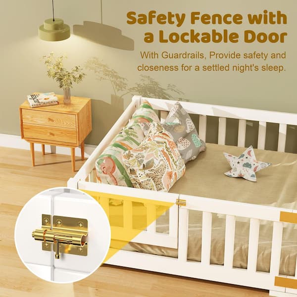 Montessori Floor Bed For Kids - Twin Size Low Bed Frame With Safety Guardrails & 2 Openings, White Wooden Bed For Toddlers & Big Kids
