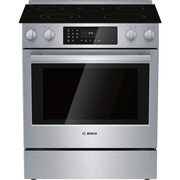 Bosch 800 Series 30 in. 5 Element Slide-In Electric Range in Stainless Steel with True Convection Oven and Self-Cleaning