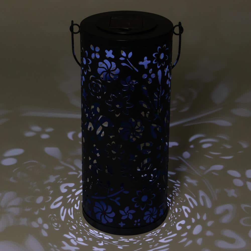 Midnight Blue Floral Punched Metal Solar Lantern