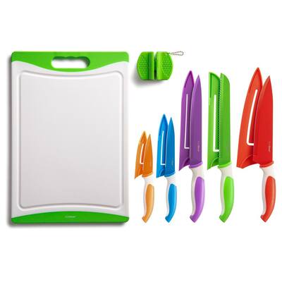 12-Piece Colorful Stainless Steel Kitchen Knife Set with Sheaths, Sharpener, and Cutting Board Included