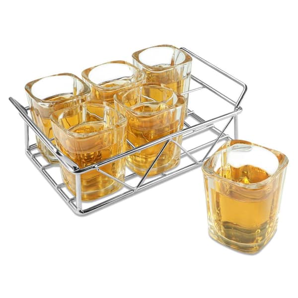 6-Piece 2 oz Square Shot Glass Set with Stainless Steel Holder for Tequila, Whiskey, Cocktails and Spirits
