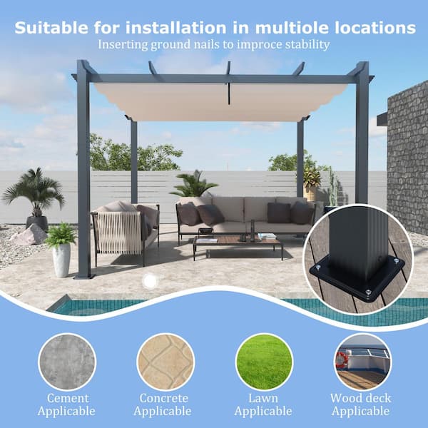 10 ft. W x 10 ft. D Aluminum Pergola Outdoor with Beige Retractable Canopy