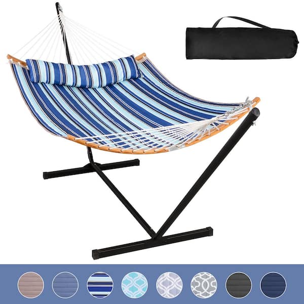 Atesun 12 ft. Free Standing, 475 lbs. Capacity, Heavy-Duty 2-Person Hammock with Stand and Detachable Pillow in Blue Stripes