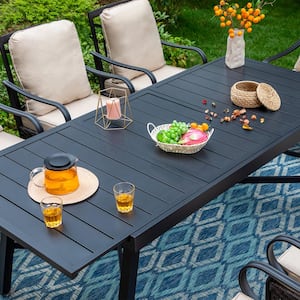9-Piece Metal Patio Outdoor Dining Set with Black Rectangle Table with Extension and Chairs with Beige Cushions