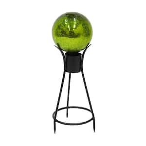 6 in. Dia Round Fern Green Crackle Glass Decorative Gazing Globe with Black Wrought Iron Stand
