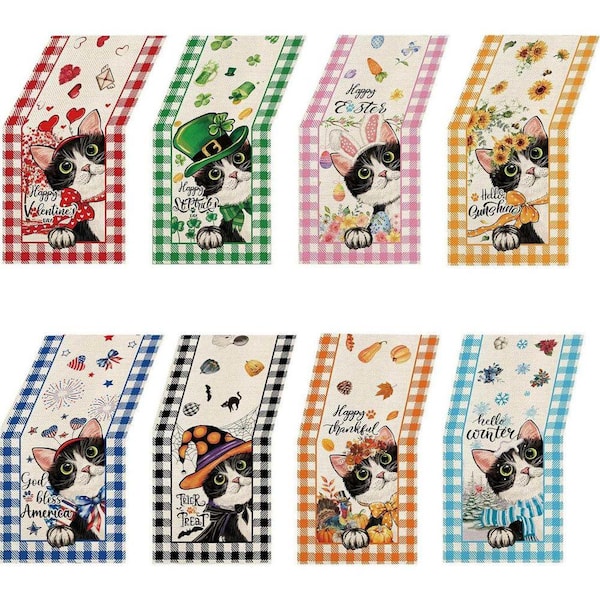 13 in. W x 72 in. L Multicolor Black Cat Pattern Polyester Table Runner for Farmhouse Garden Party (Set of 8)