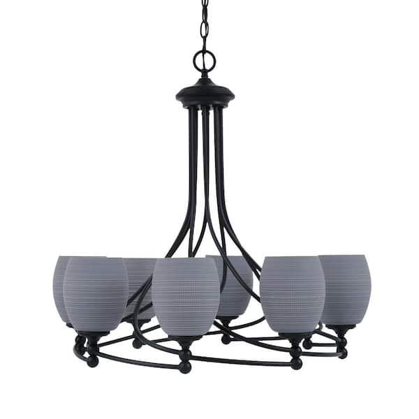 Unbranded Royale 8 Light Matte Black Chandelier, Round Chandelier with 5 in. Gray Matrix Glass Shades, No Bulbs Included