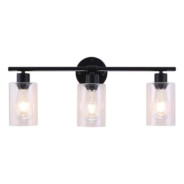 LWYTJO 22.83 in. 3-Light Black Vanity Light with Clear Glass Shade