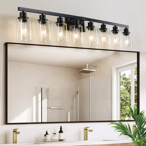 51 in. 8-Light Black Vanity Light with Glass Shade