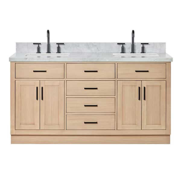 Hepburn 66 in. W x 22 in. D x 36 in. H Double Freestanding Bath Vanity in Oak with Italian Carrara Marble Top
