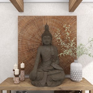 Gray Polystone Meditating Buddha Sculpture with Engraved Carvings and Relief Detailing