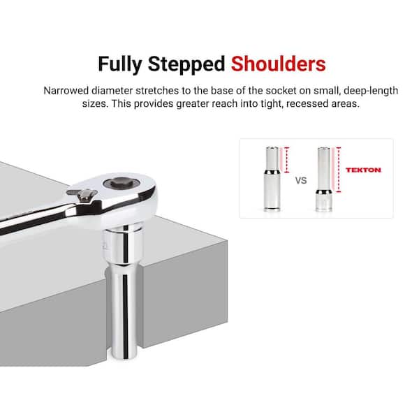 TEKTON 1/4,3/8,1/2 in. Drive Deep 6-Point Socket Set with Rails