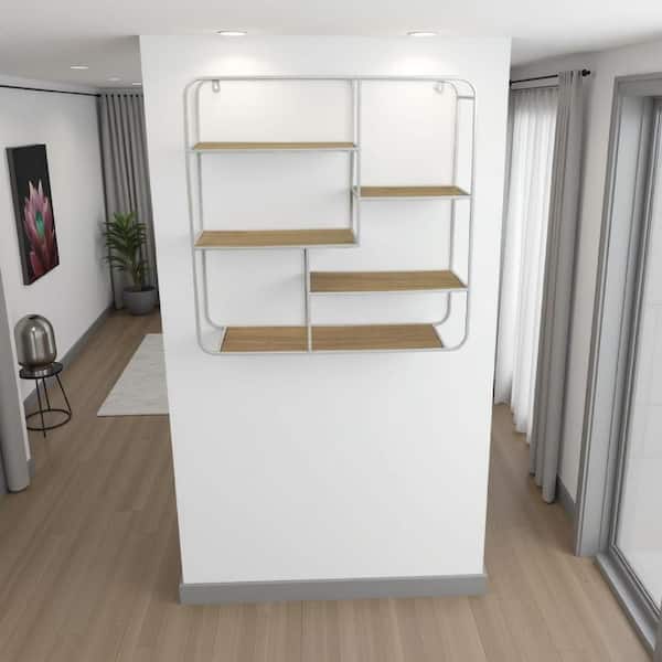 23.5 in. W x 6 in. D Brown and White Wood Decorative Wall Shelf with 6 Staggered Wood Racks