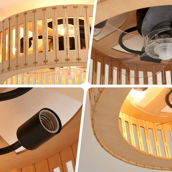 JUSHENG 20 in. Natural Wood Style Caged Flush Mount Ceiling Fan