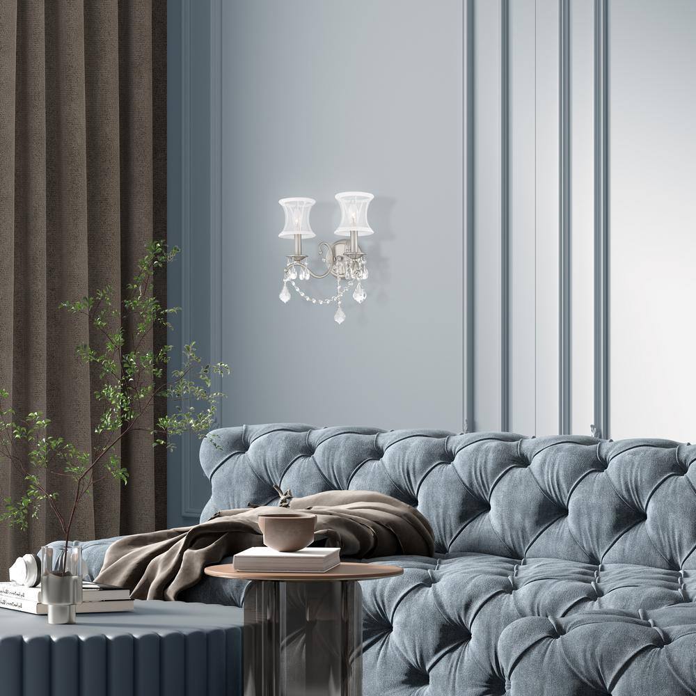 Brushed Nickel 2-Light Sconce with Off-White Silk Shade