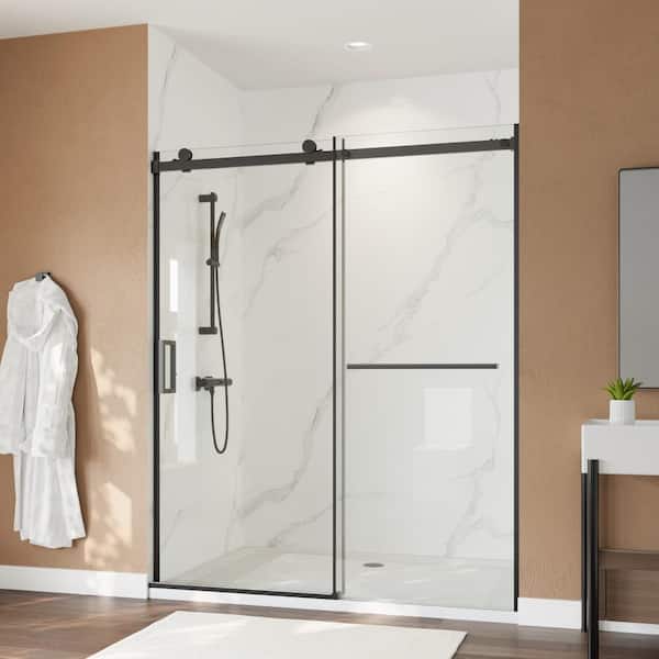 HMMHVV 60 in. W x 72 in. H Matte Black Frameless Sliding Shower Door, Easy to Clean Glass, Installation Width 4 in. Adjusted