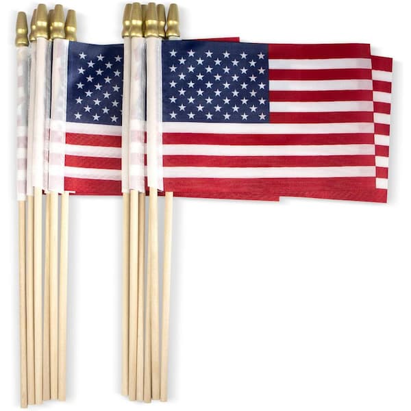 ANLEY 0.33 ft. x 0.5 ft. USA Wooden Stick Handheld American Flag with Kid Safe Golden Spear Top (12-Pack)