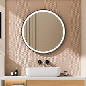 BONIE 32 in. W x 32 in. H Round Framed Anti-Fog LED Wall Bathroom Vanity Mirror in Matte Black
