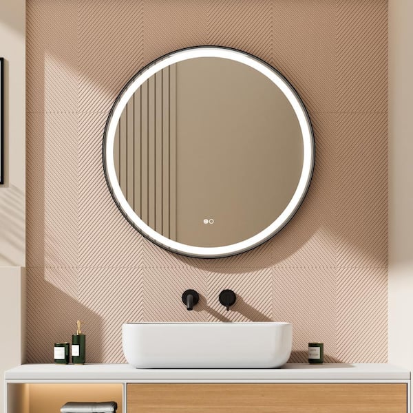 WELLFOR BONIE 32 in. W x 32 in. H Round Framed Anti-Fog LED Wall Bathroom Vanity Mirror in Matte Black
