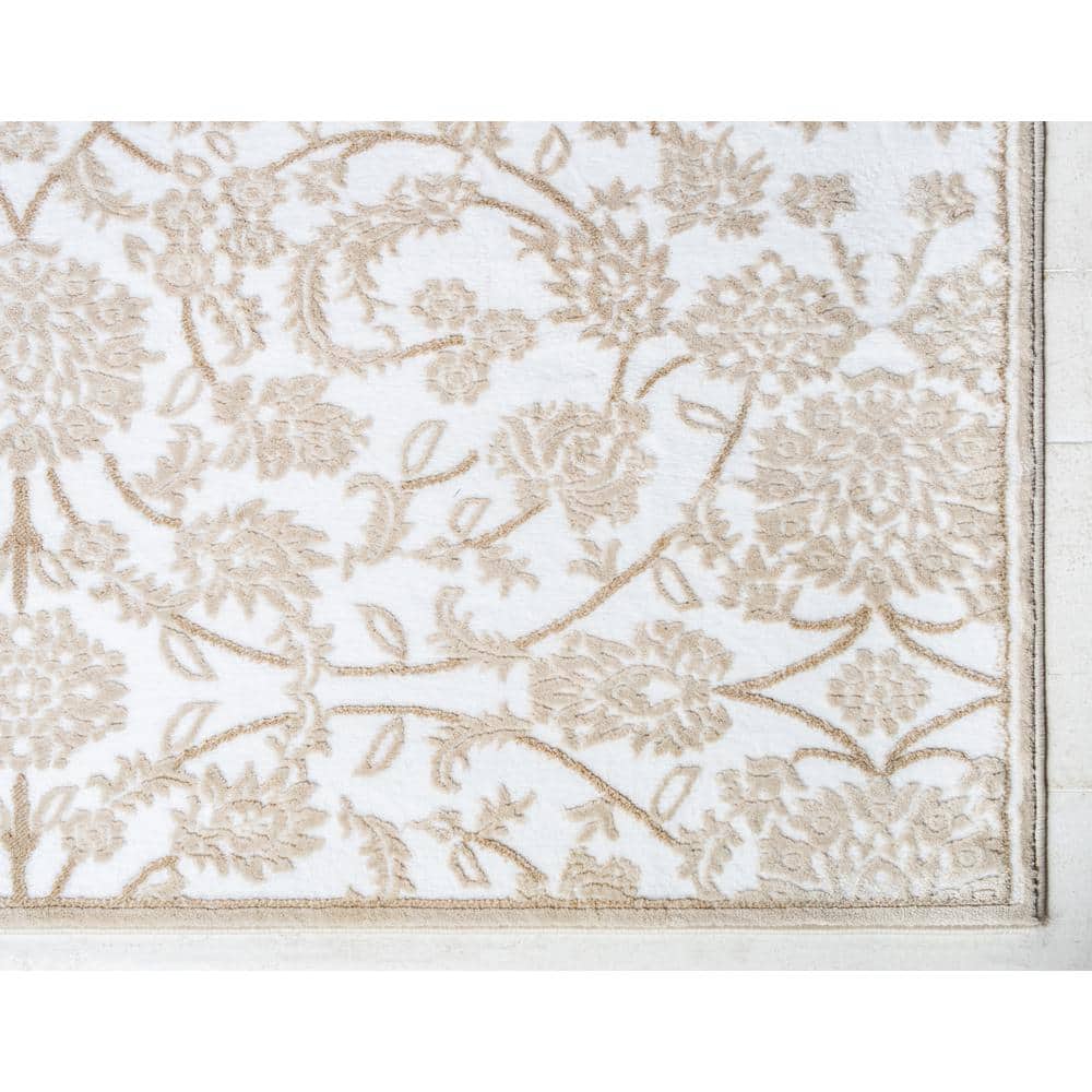 Ivory Floral Rectangular Stain-Resistant Synthetic Rug, 10x13 ft