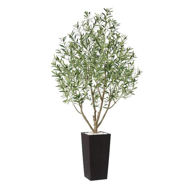 DR.Planzen 7 ft.Faux Olive Tree UV Resistant with Brown Tall Planter, Artificial Olive Tree for Outdoor Decor