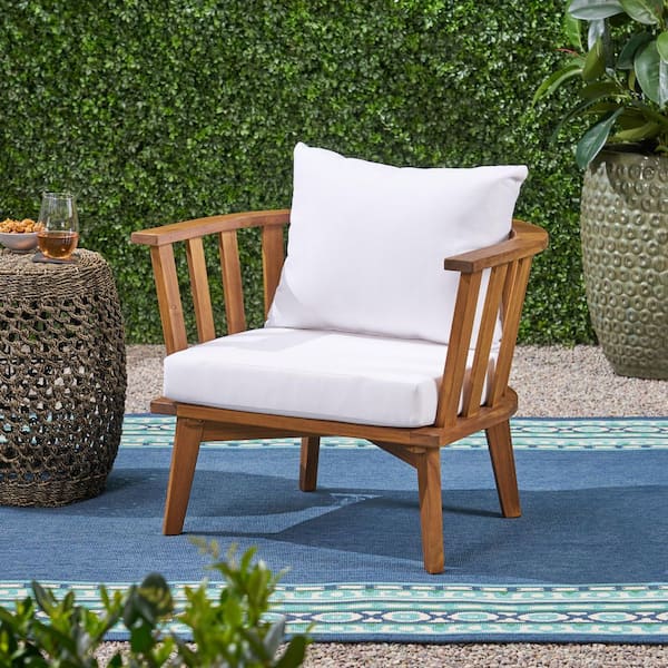 Teak Brown Wood Outdoor Patio Lounge Chair with White Cushions, for Garden Backyard Porch Balcony