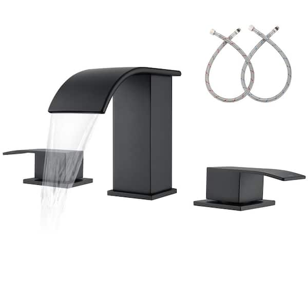 Unbranded 8 in. Widespread Double Handle Waterfall Spout Bathroom Vessel Sink Faucet with Supply Lines in Matte Black