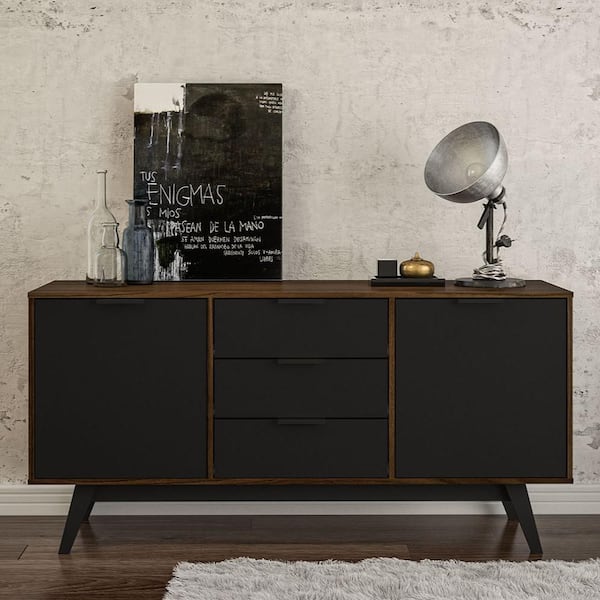 Polifurniture Edina Black and Walnut Wood 59 in. Sideboard with 3-Drawers