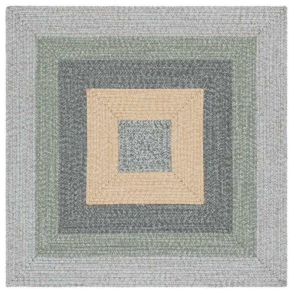 Braided Gray/Green 3 ft. x 3 ft. Machine Washable Solid Striped Border Square Area Rug