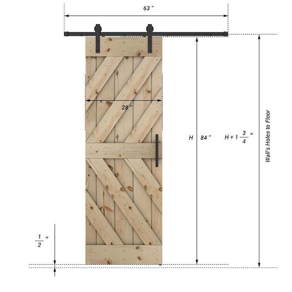 Dessliy Triple KL Series 28 in. x 84 in. Fully Set Up Unfinished Pine Wood Sliding Barn Door With Hardware Kit
