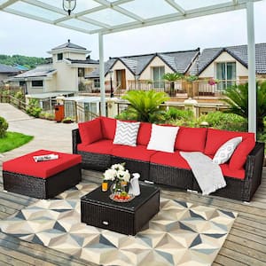 Brown 6-Pieces Wicker Outdoor Sectional Set with Red Cushions