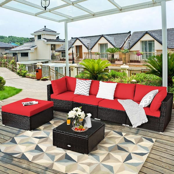 Brown 6-Pieces Wicker Outdoor Sectional Set with Red Cushions
