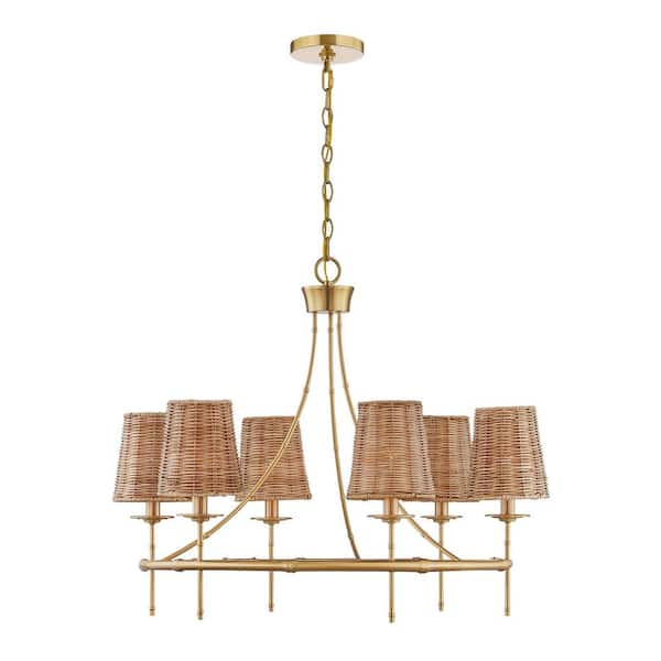 Ashbury 30 in. W x 30 in. H 6-Light Warm Brass Metal Dimmable Chandelier with Rattan Shade and No Bulbs Included