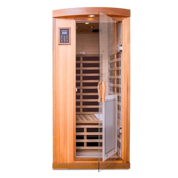 1-Person Outdoor Solid Wood Infrared Sauna with Ambient Background Light, Led Spot Light