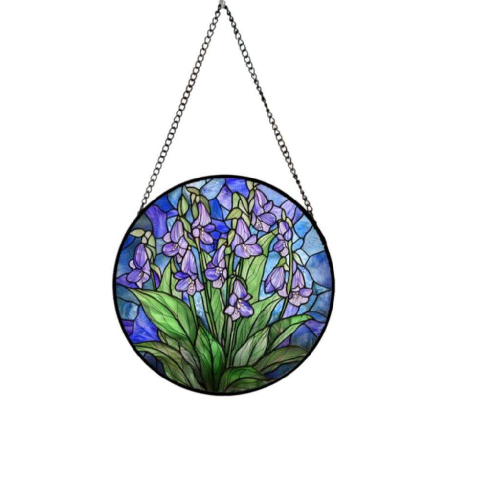 9.8 in. Blue Purple Flower Stained Glass Window Panel WK2639 - The