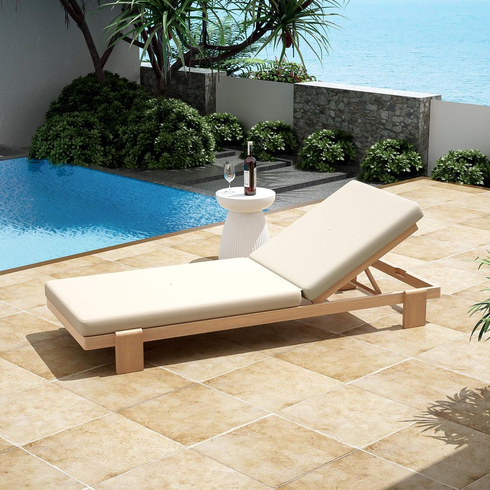 Laramie Patio Solid Wood Frame Outdoor Chaise Lounge with Beige Cushion, Teak Finish