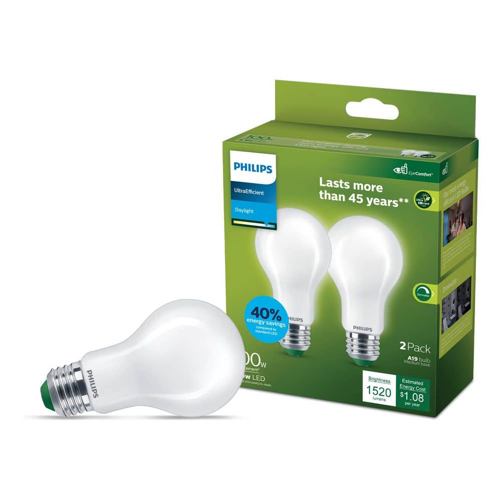 Philips 100-Watt Equivalent A19 Ultra Efficient Frosted LED Light Bulb 5000K 2-Pack