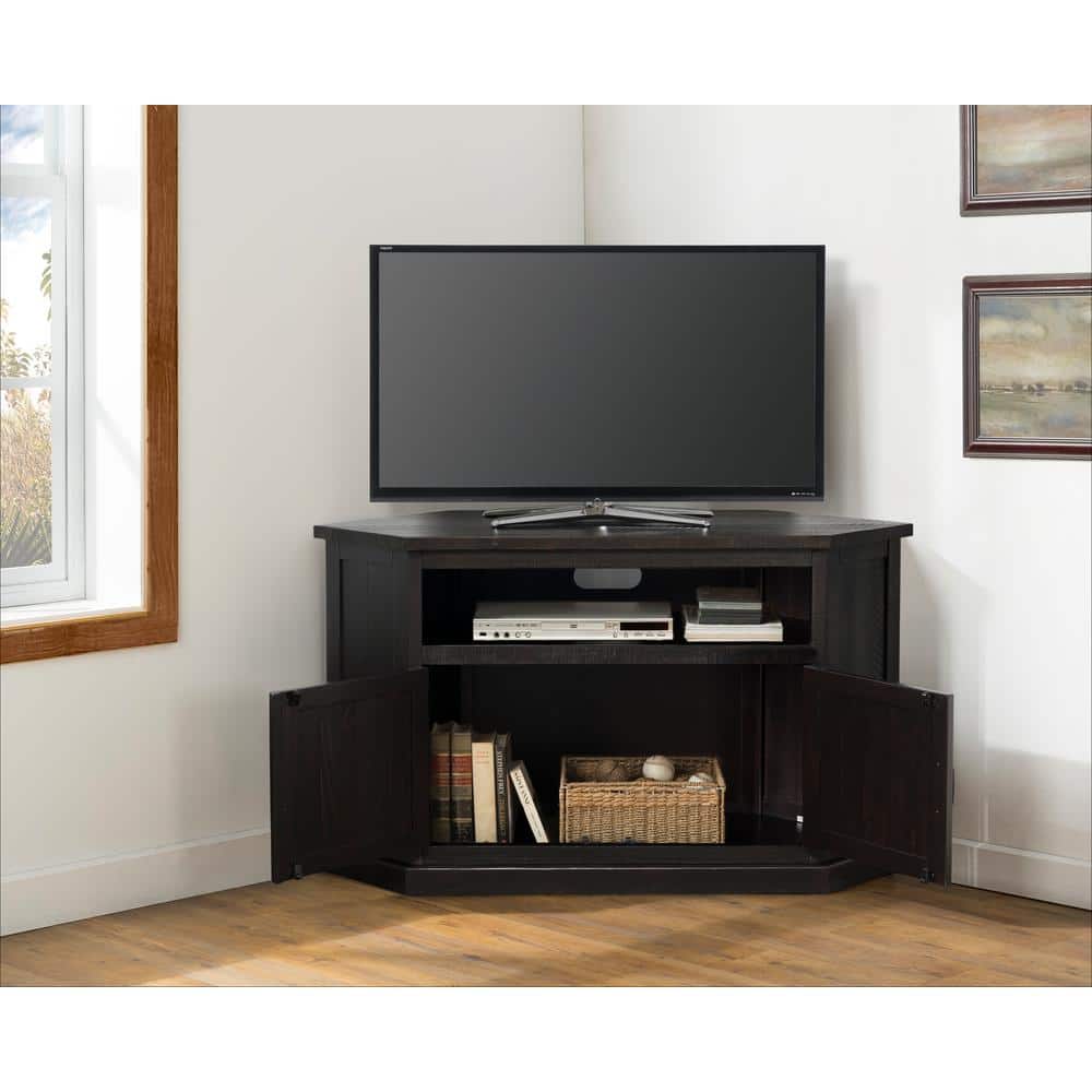 Espresso Rustic Solid Pine Corner TV Stand with Cabinet
