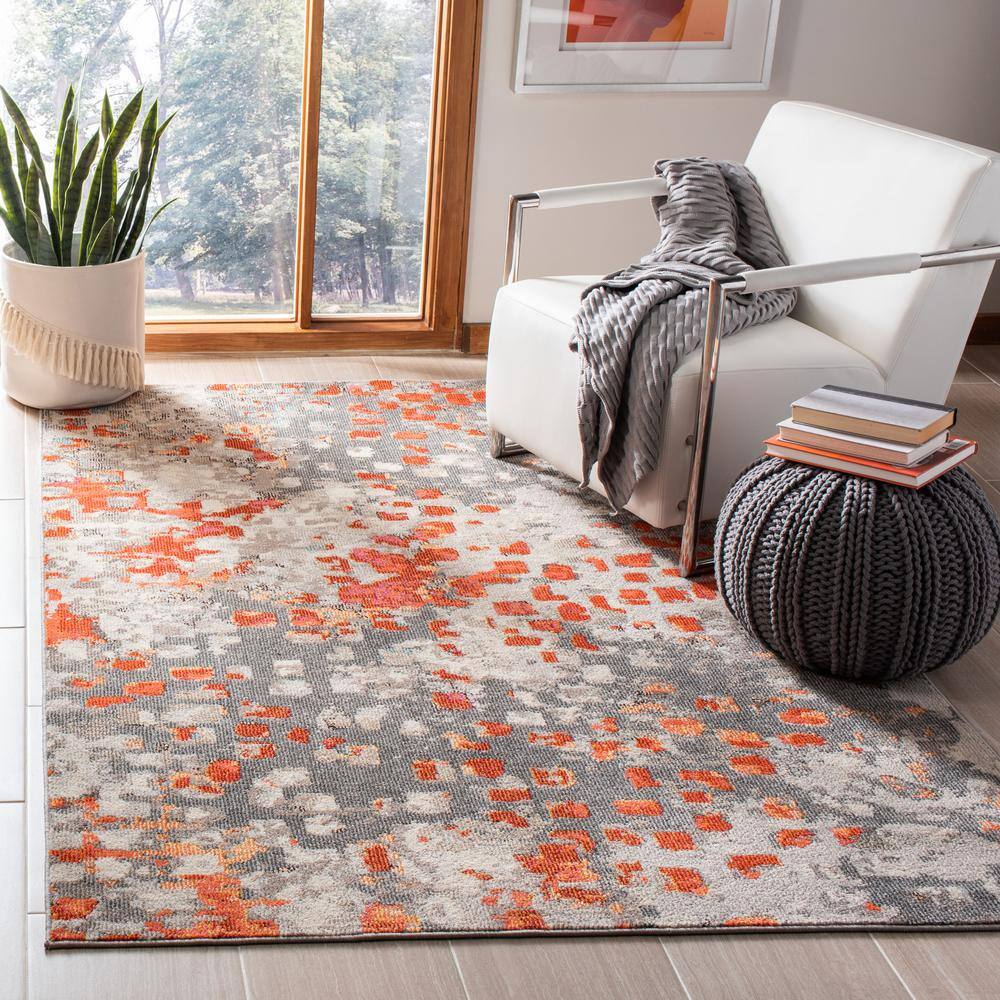 Grey and Orange Hand-knotted Synthetic Rectangular Area Rug