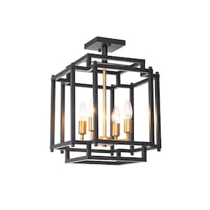 Cubuu 13.8 in. 4-Light Black and Aged Brass Rustic Farmhouse Caged Square Semi-Flush Mount Kitchen Ceiling Light Fixture