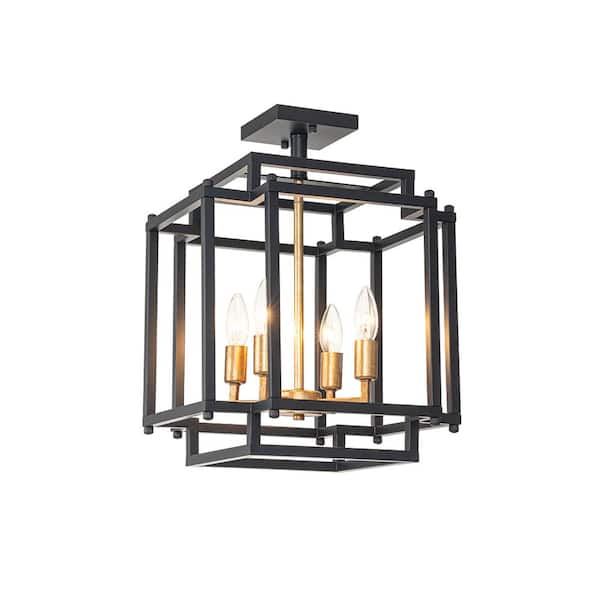 HUOKU Cubuu 13.8 in. 4-Light Black and Aged Brass Rustic Farmhouse Caged Square Semi-Flush Mount Kitchen Ceiling Light Fixture