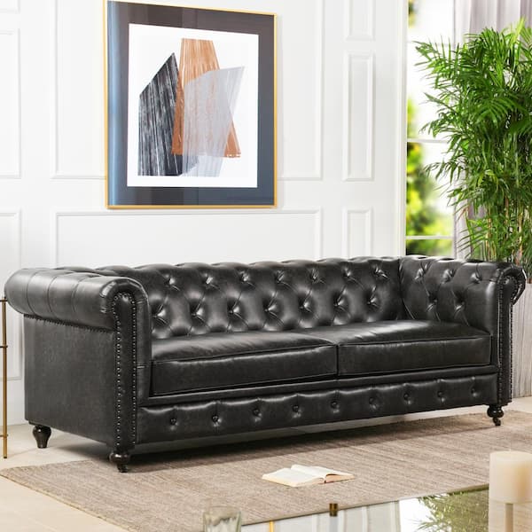 Jennifer Taylor Winston 38 In Vintage, Black Leather Chesterfield Sofa Bed