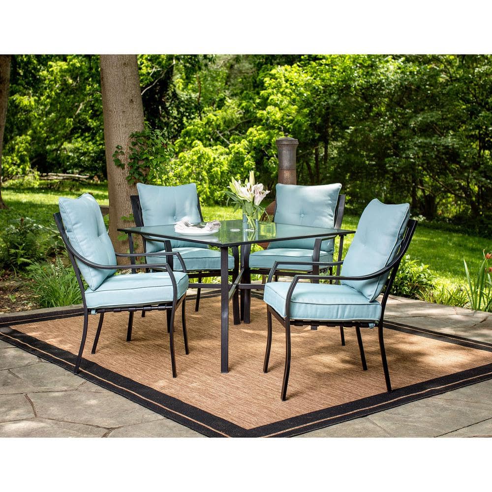 Hanover Lavallette Black Steel 5-Piece Outdoor Dining Set with Ocean Blue Cushions -  LAVDN5PC-BLU