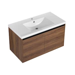 Lesta 35 in. W x 18 in. D x 20 in. H Single Sink Wall Mounted Soft Closing Bath Vanity in Brown Oak with White Resin Top