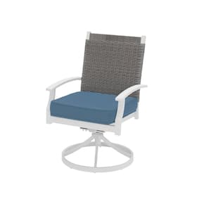 Jasper Ridge White Galvanized Steel w/ Wicker Back Swivel Captain Outdoor Dining Chair w/ Blue Standard Cushion (2-Pack)