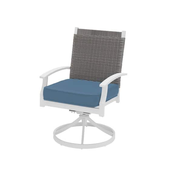 Hampton Bay Jasper Ridge White Galvanized Steel Swivel Outdoor Dining Chair with CushionGuard Blue Standard Cushion (2-Pack)