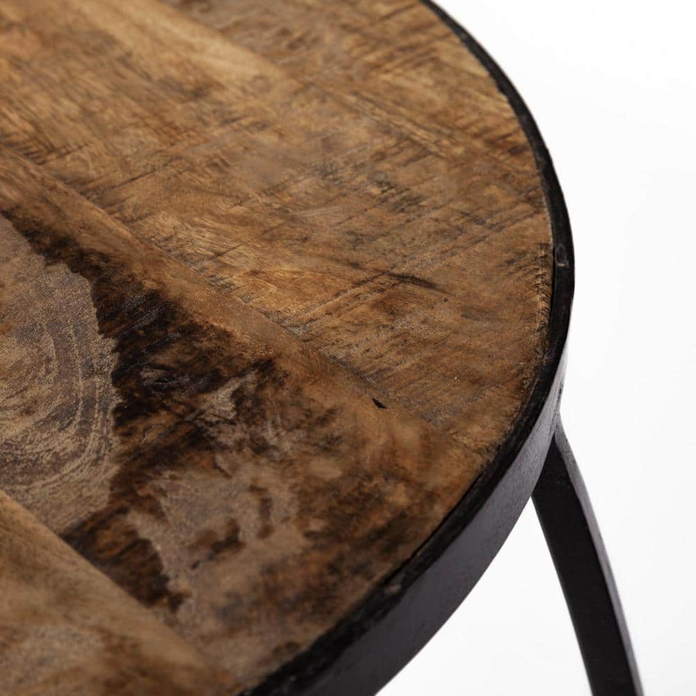 Medium Brown Round Mango Wood and Black Iron Nesting Accent Tables Set