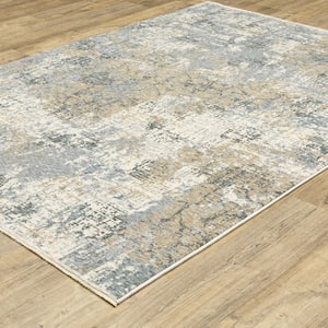 Haven Beige/Blue 2 ft. x 8 ft. Abstract Modern Polyester Fringed Indoor Runner Area Rug