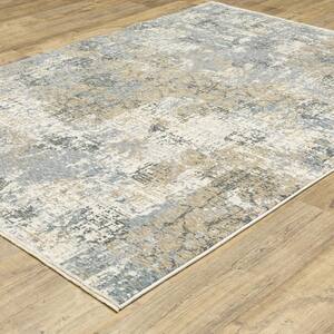 Haven Beige/Blue 4 ft. x 6 ft. Abstract Modern Polyester Fringed Indoor Area Rug